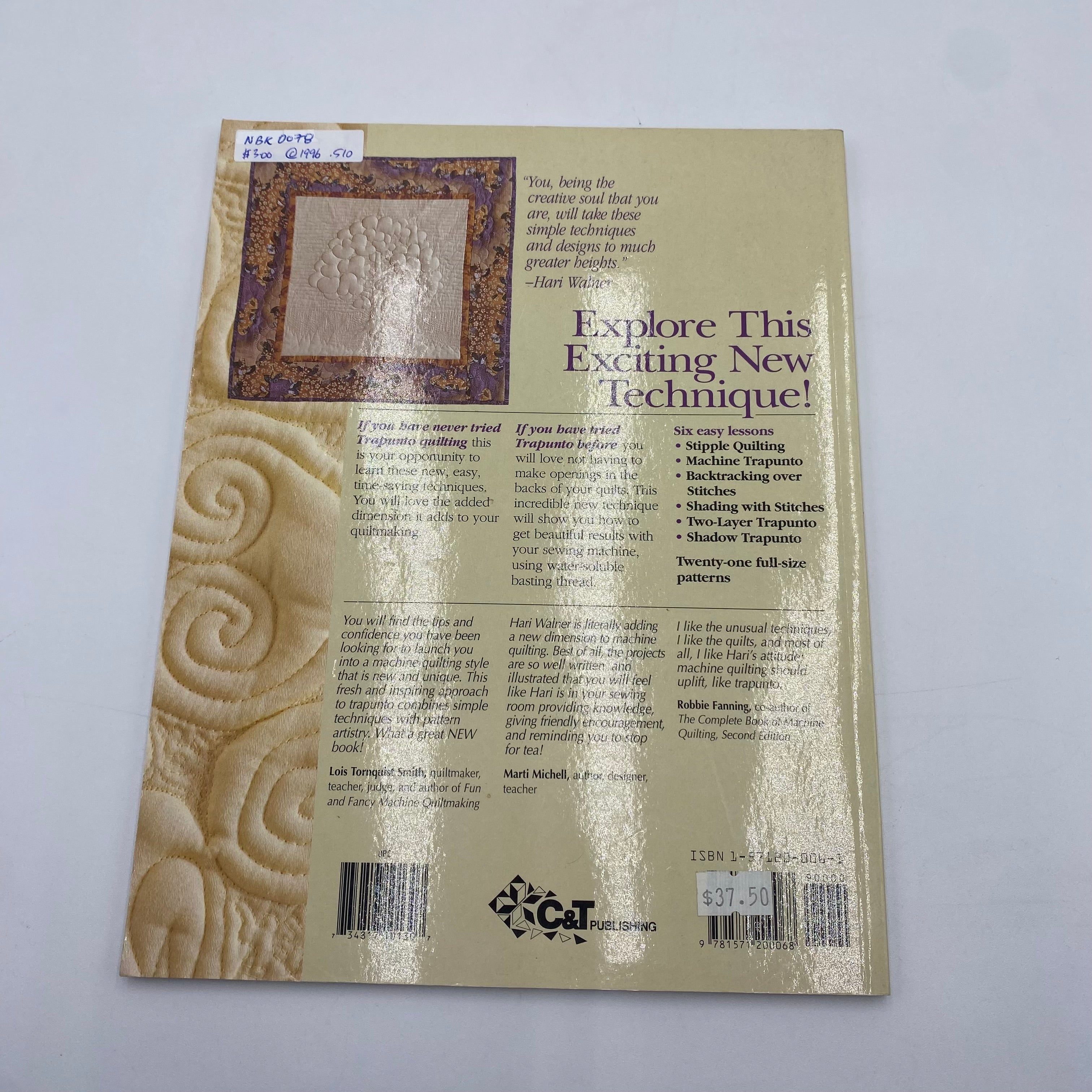 Sewing Book - Trapunto By Machine (NBK0078)