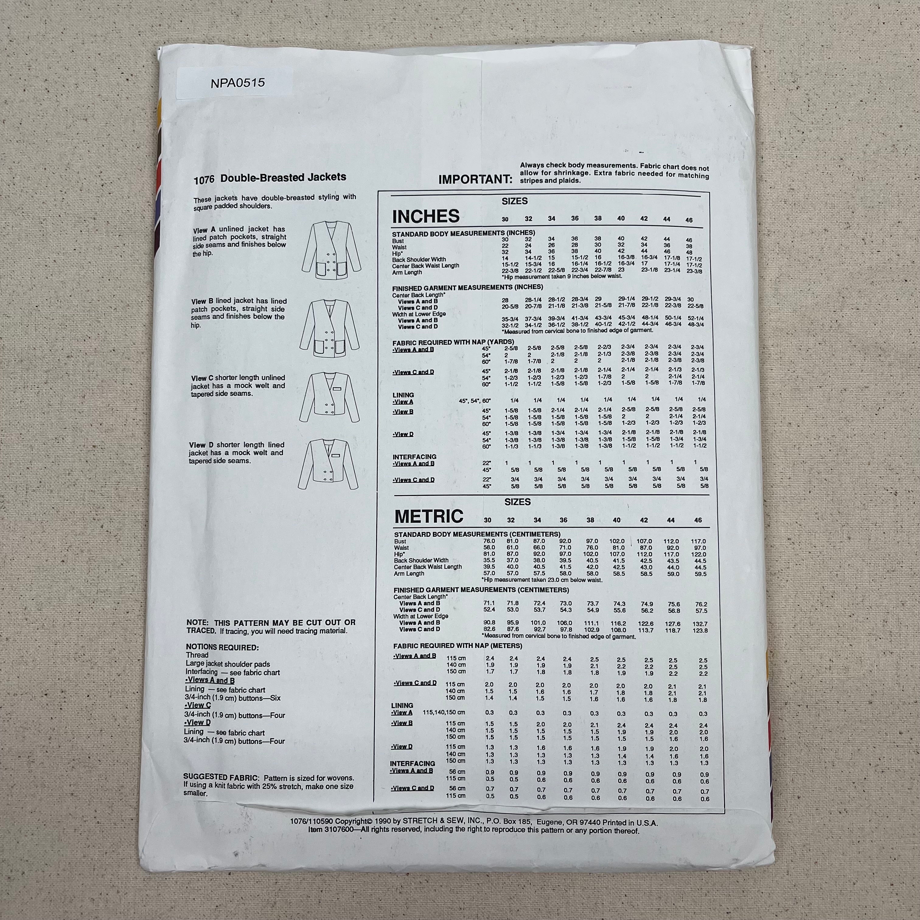 Stretch & Sew Pattern - 1076 Double-Breated Jackets (NPA0515)