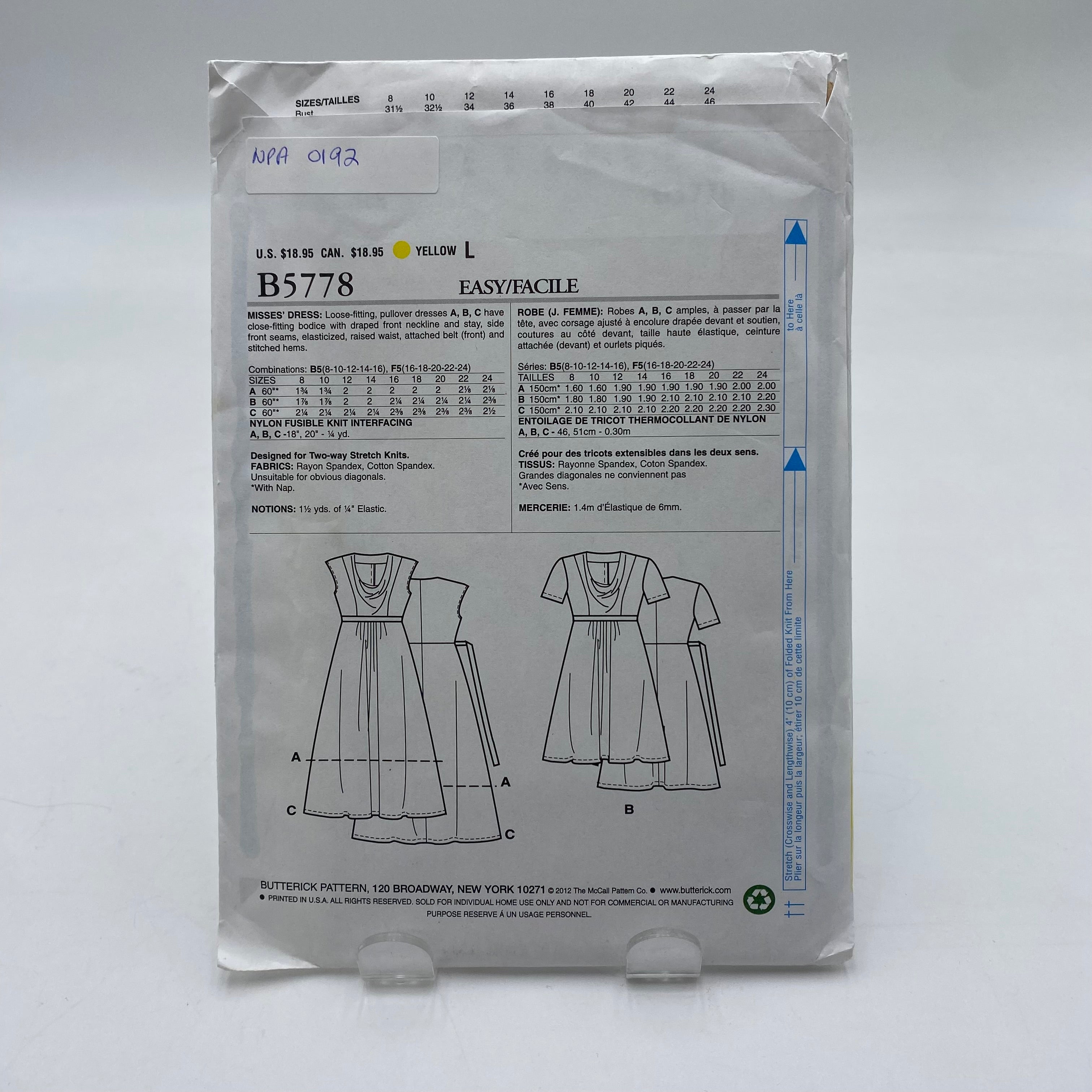 Butterick Pattern - Misses' Dress B5778 (NPA0192)