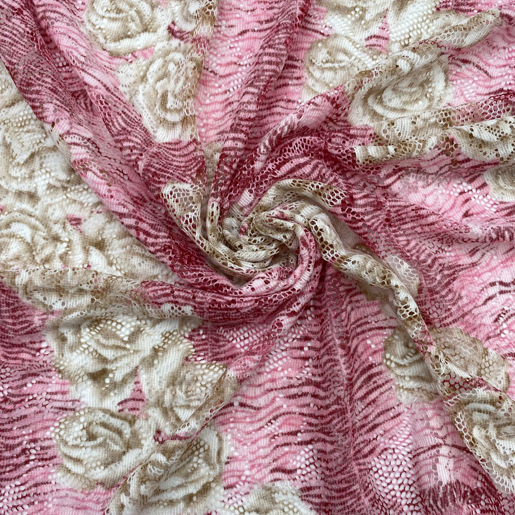 Stretch Printed Lace - Pink with Cream Roses (KLM0188)