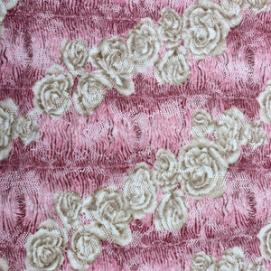 Stretch Printed Lace - Pink with Cream Roses (KLM0188)