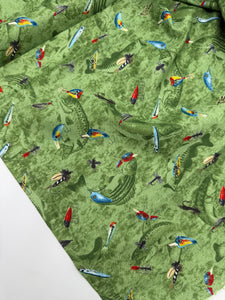Wildwood, Wildriver by South Seas Quilting Cotton, Mixed Colours on Green (WQC2643)