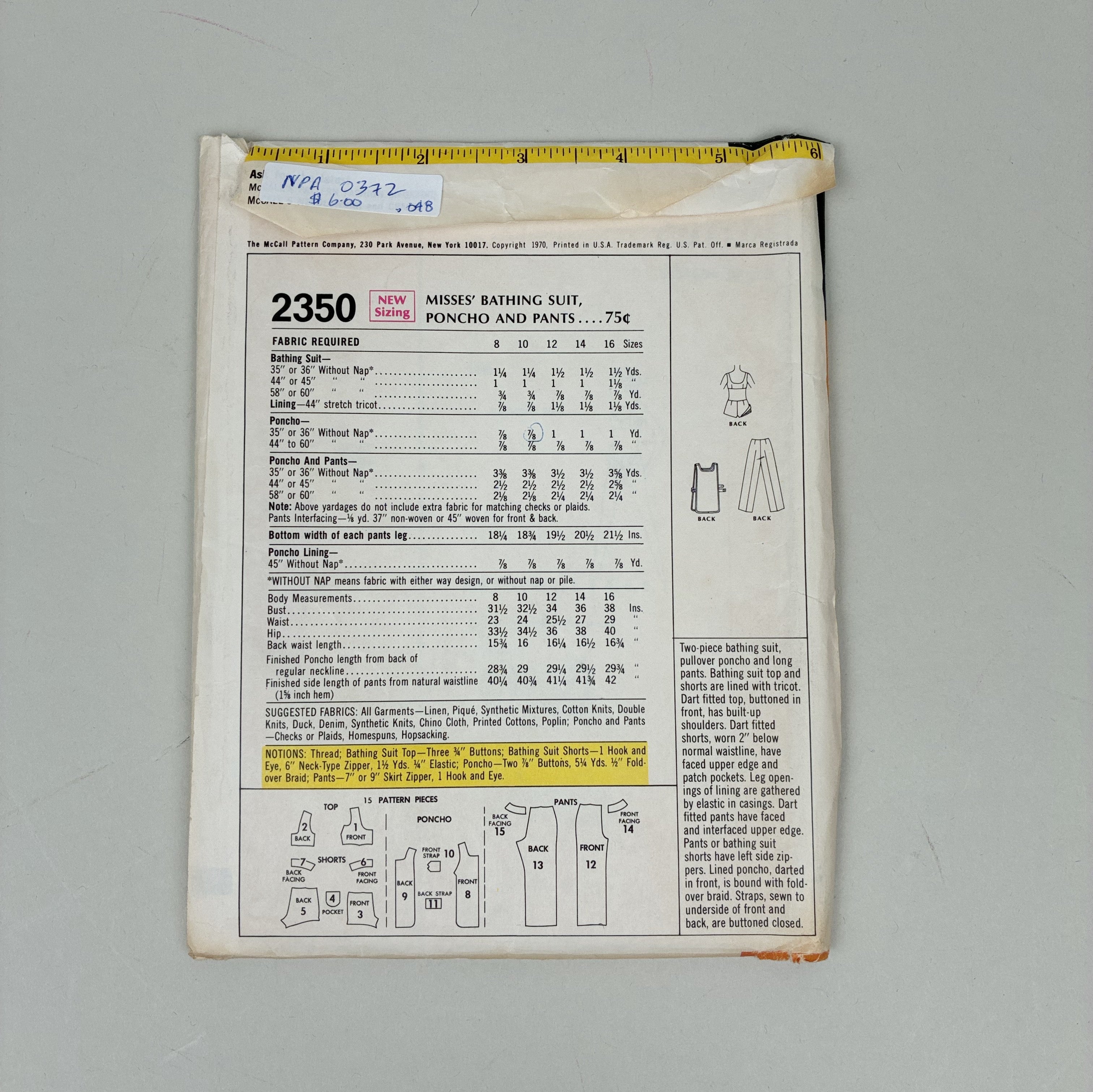 McCall's Pattern - 2350 Bathing Suit, Poncho and Pants (NPA0372)