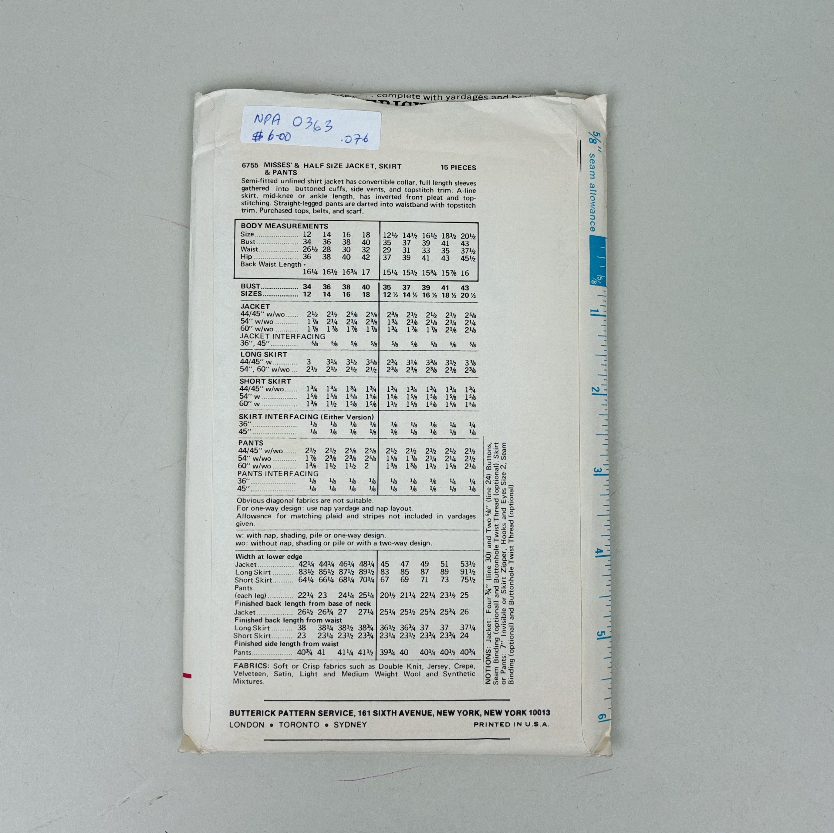 Butterick Pattern - 6755 Half Size Jacket, Skirt & Pants (NPA0363)
