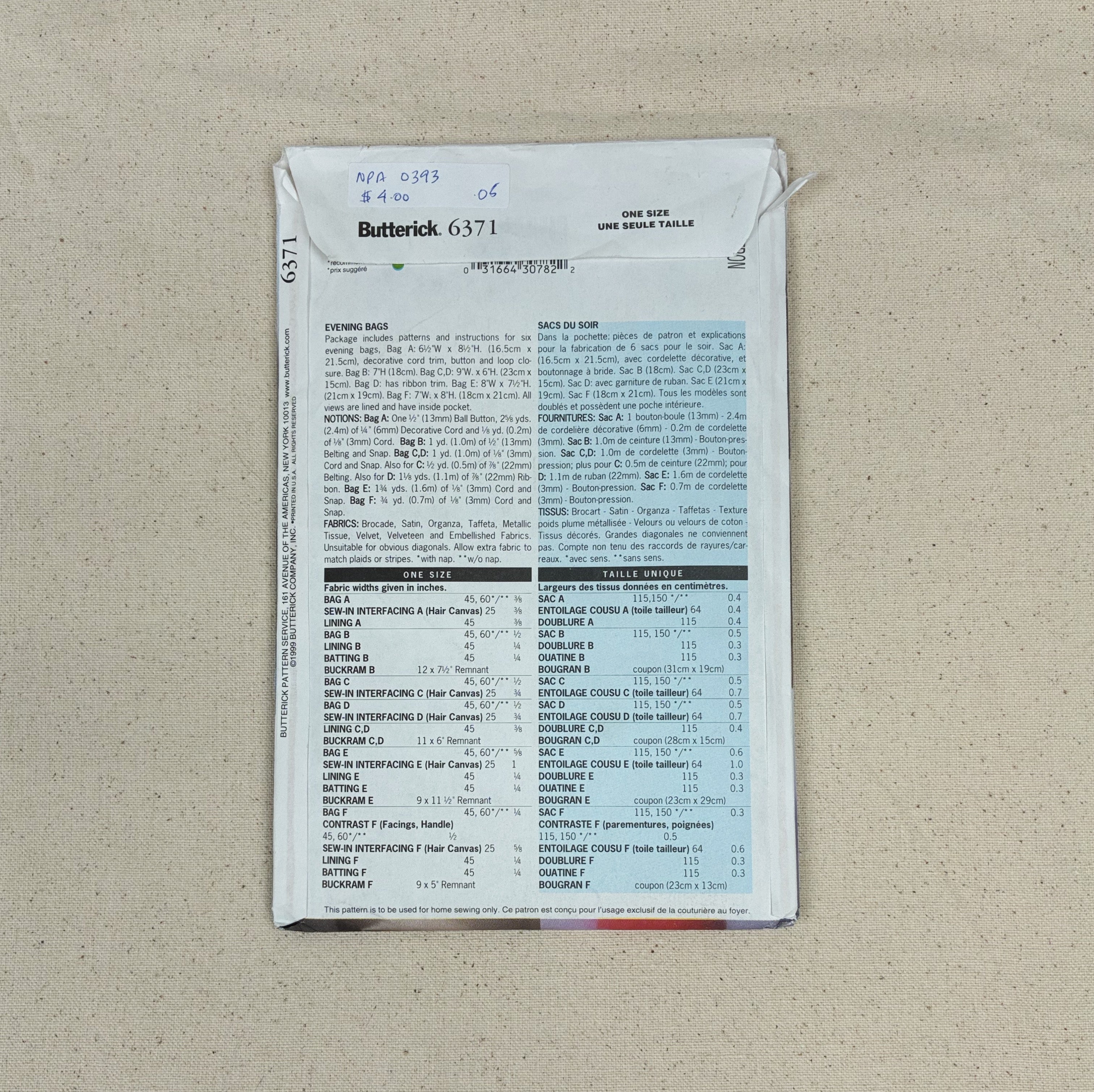 Bag Making Pattern - Butterick 6371 (NPA0393)