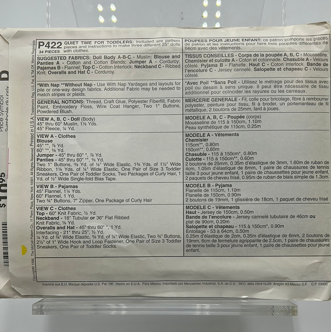 MCCALL'S Pattern One-Size, Doll Clothing (PMC0422)(NPA)