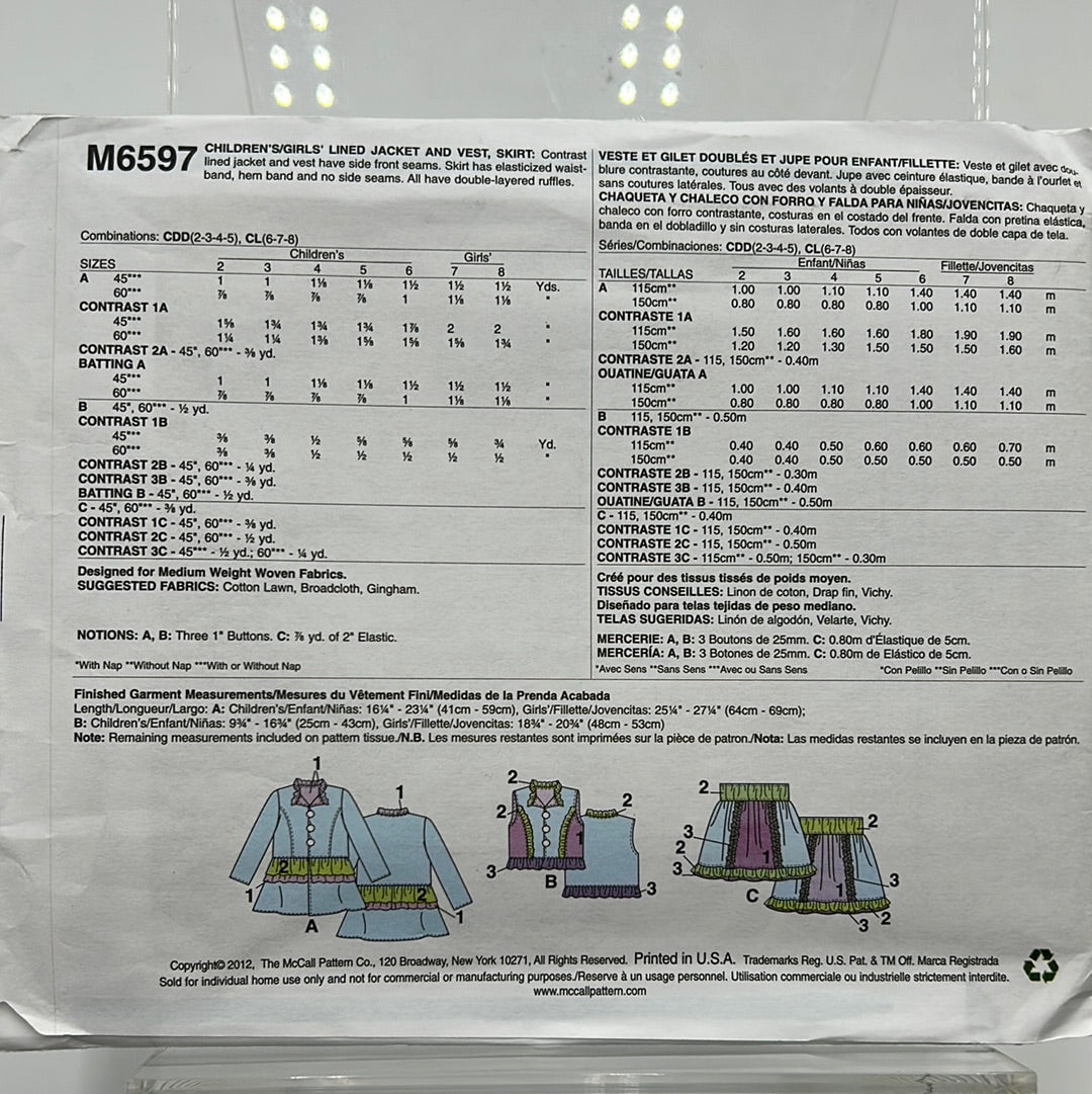 MCCALL'S Kids Pattern, Children's/Girl's Jacket, Vest & Skirt (PMC6597)(NPA)