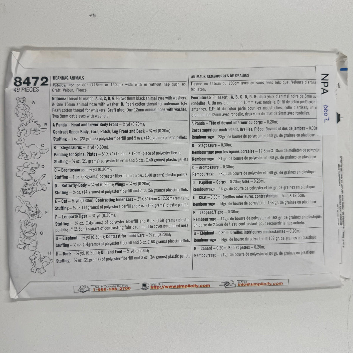 Simplicity Craft Pattern - 8472 Beanbag Animals (NPA0602)