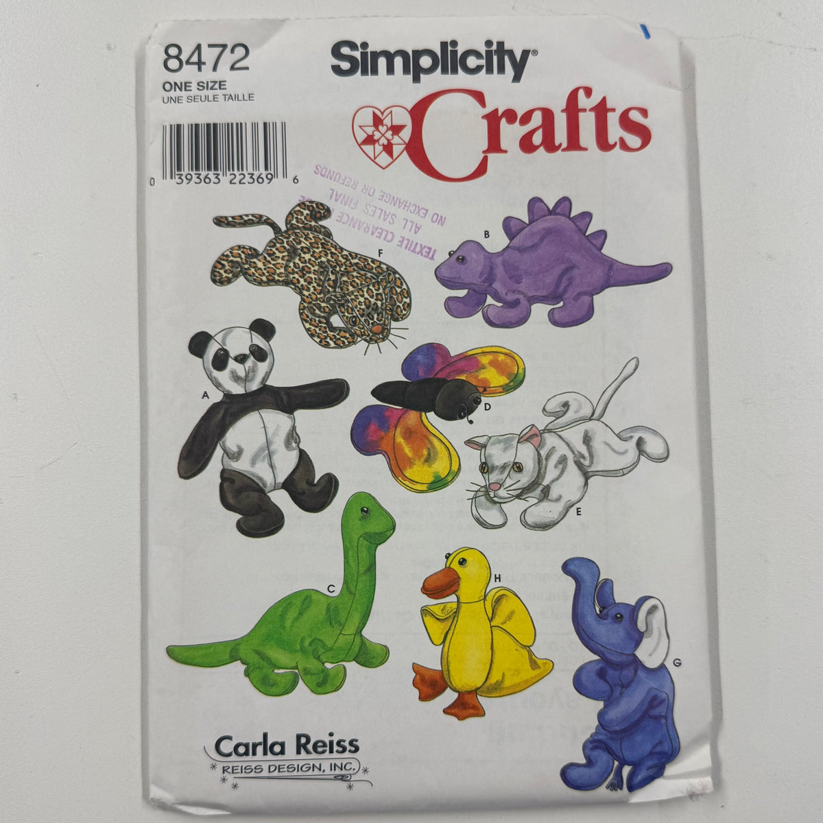 Simplicity Craft Pattern - 8472 Beanbag Animals (NPA0602)