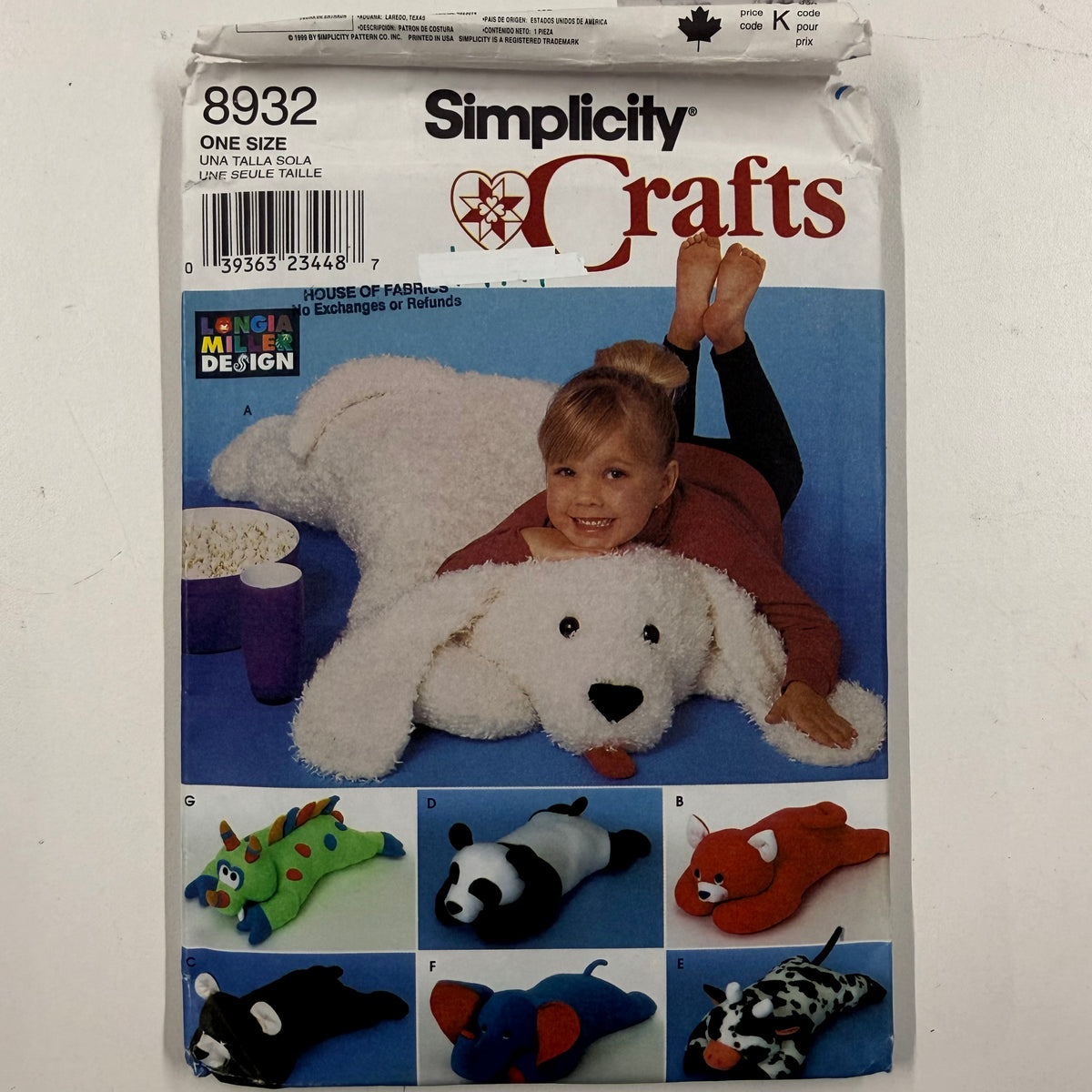 Simplicity Craft Pattern - 8932 Pillow Animals (NPA0603)